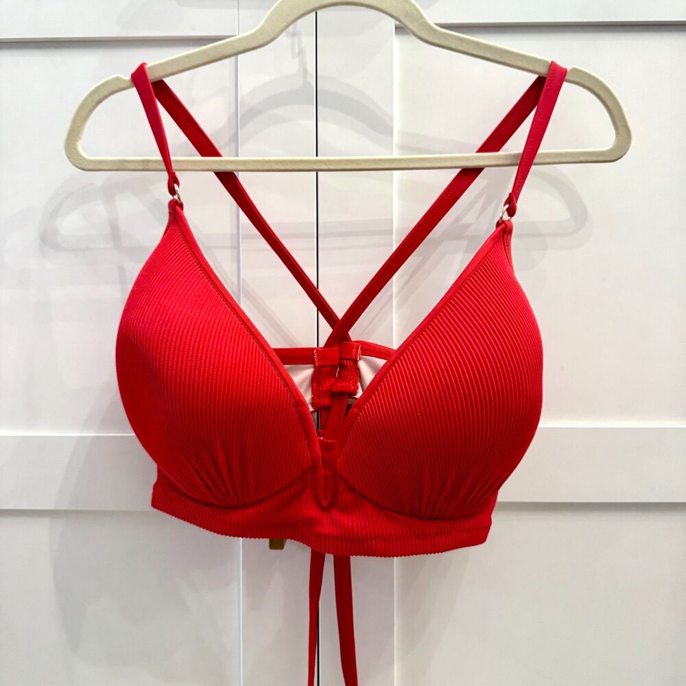 Shade & Shore Red Ribbed V-Wire Bikini Top Underwire Lightly Lined 38D